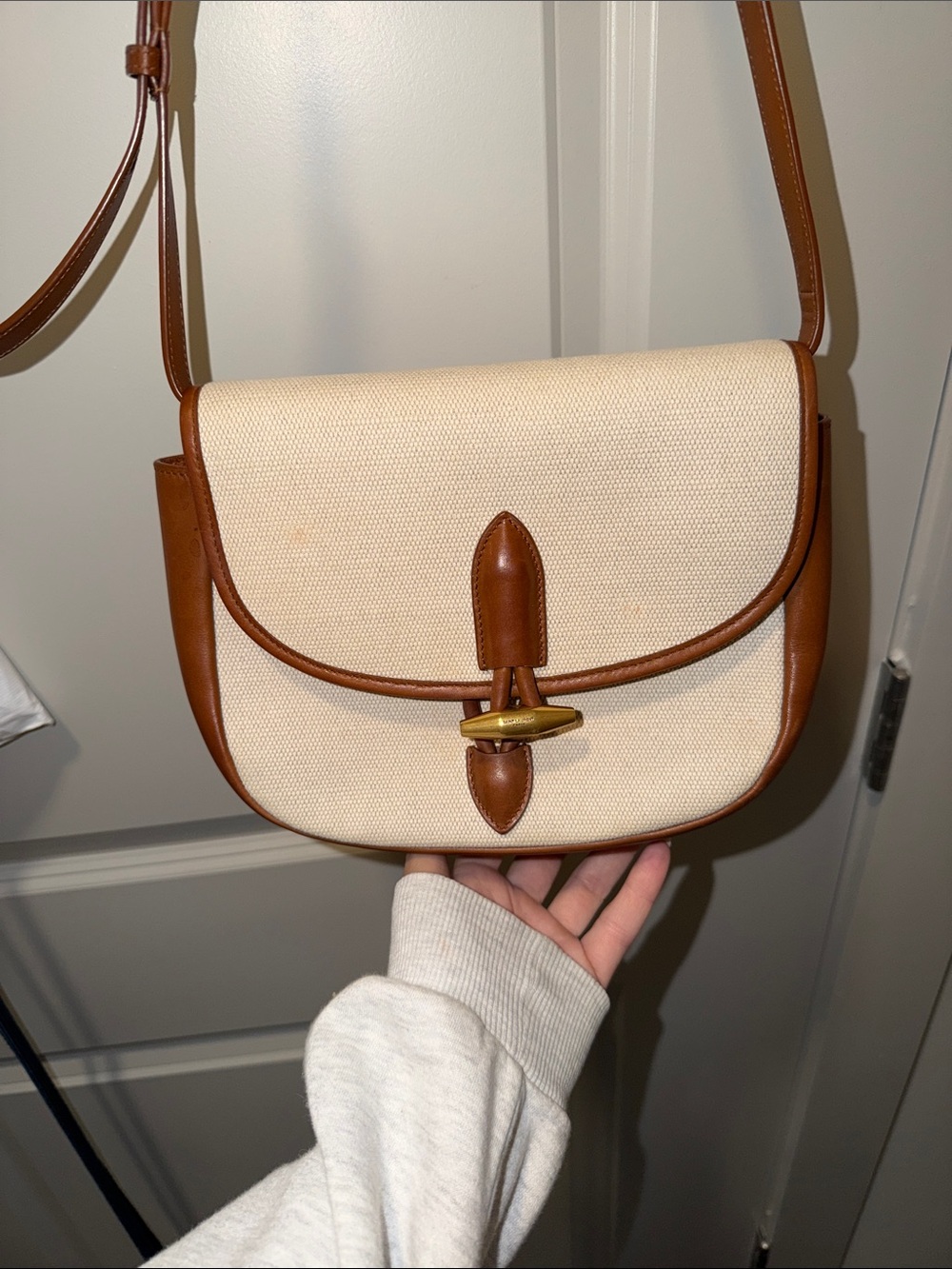 Saint Laurent Cream Canvas and Brown Leather Crossbody with Gold Hardware